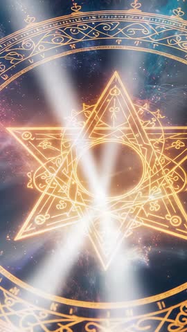 Vertical video Rotating golden mandala forming in cosmic nebula with activating runic ring