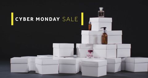 Cyber Monday Sale with Stacked Gift Boxes and Cosmetics