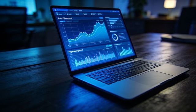 Displaying laptop analytics dashboard with blue line charts on dark wooden desk at night