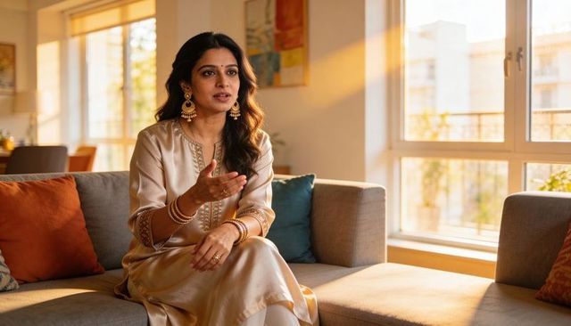 Indian woman in silk kurta and gold jewelry, speaking on sofa in sunlit living room