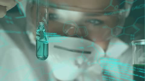 Female Scientist Conducting Experiment with Digital Interface Overlay