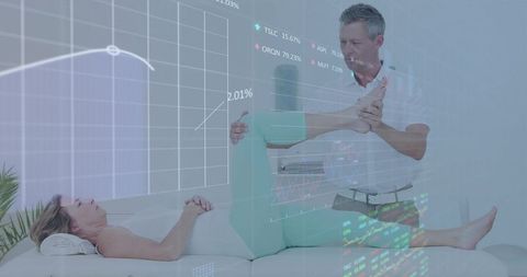 Therapist assisting patient amid data, rehabilitation concept