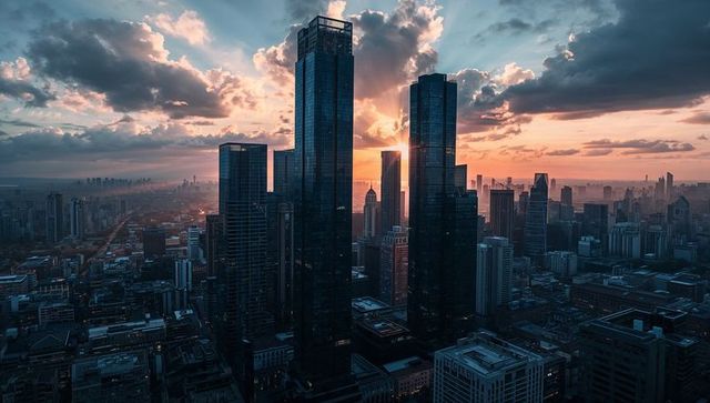 Sunset reflecting on central glass skyscrapers casting long shadows over urban skyline
