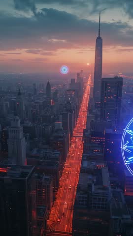 Gliding Vertical Cityscape at Dusk Revealing Neon Wheel and Illuminated Boulevard