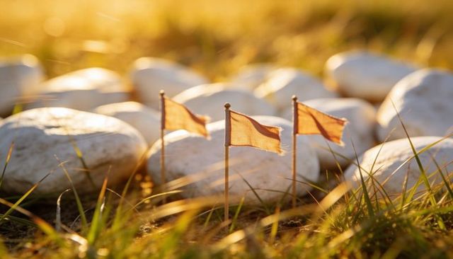 Mini orange fabric flags catching golden hour backlight among white garden pebbles macro