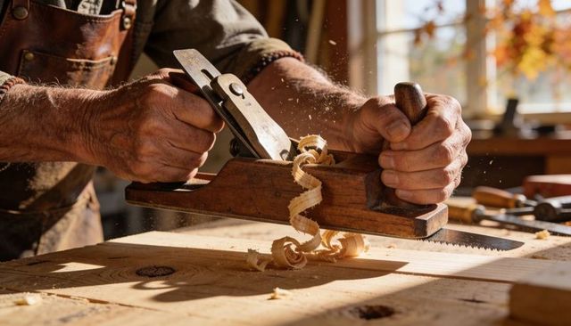 Traditional woodworking hands planing oak plank with vintage wooden plane and shavings