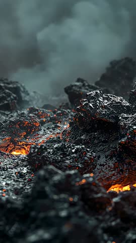 Vertical 4K clip capturing bubbling lava field with steaming fissures and glowing embers