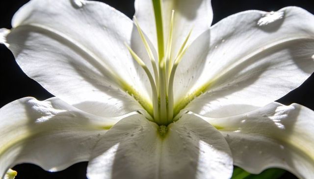 Macro white lily blossom backlit with dew, translucent ivory petals and central pistil
