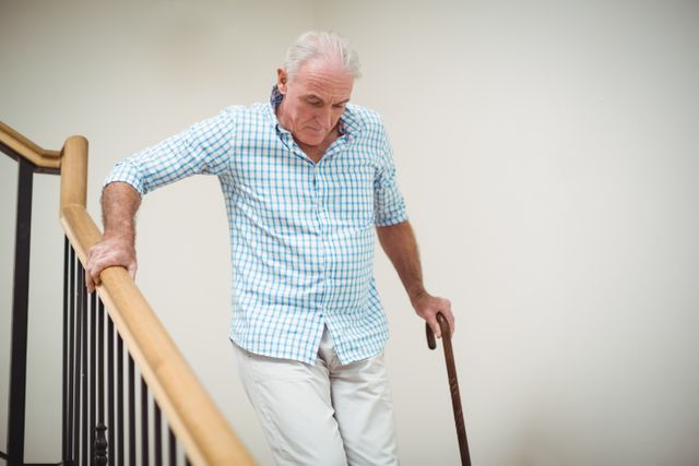 Senior man climbing downstairs with walking stick - Download Free Stock Photos Pikwizard.com