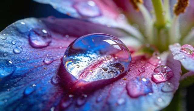 Iridescent dew magnifying petal texture with large water droplet macro closeup