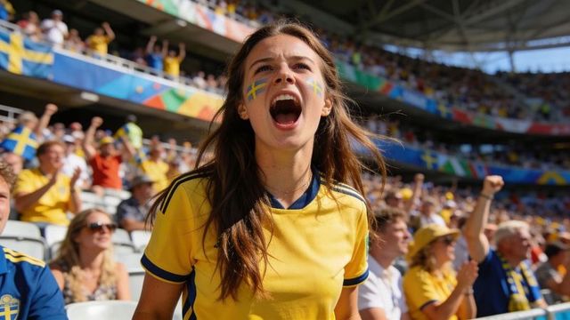 Young swedish fan cheering in yellow jersey with flag face paint at stadium