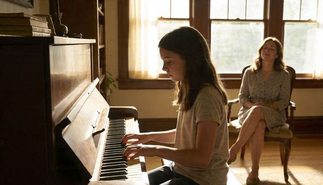 Teen playing upright piano in sunlit living room, mother watching supportively in warm light