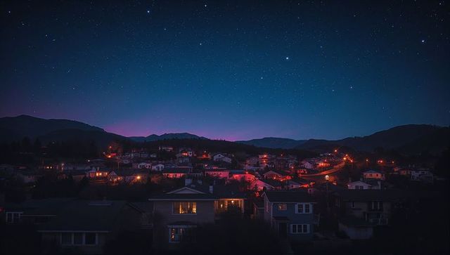 Twilight Aura Over Tranquil Village with Starry Skies