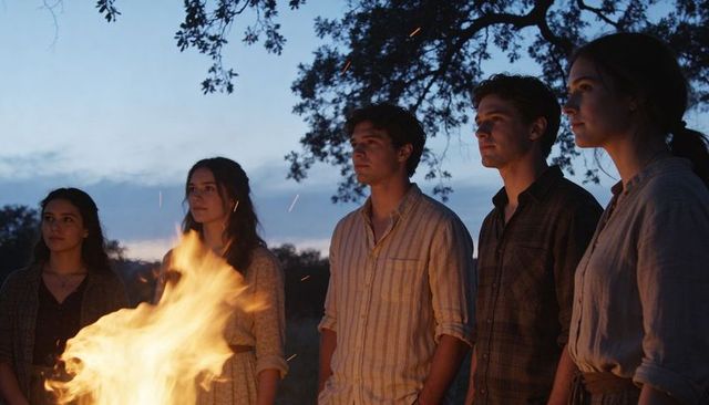 Young adults gathering around bonfire at twilight watching embers and sharing quiet companionship