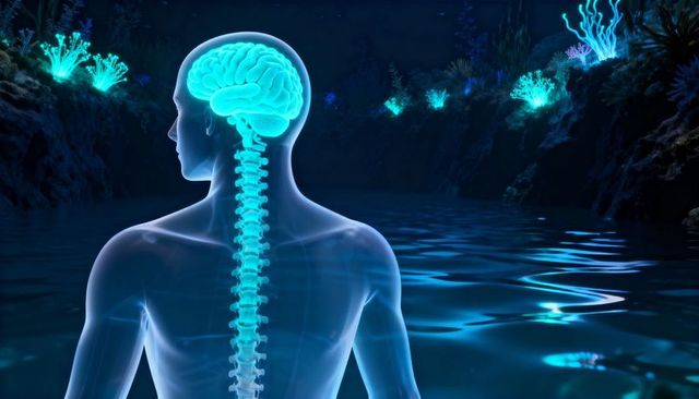 Translucent human figure revealing glowing brain and spinal cord above bioluminescent lagoon