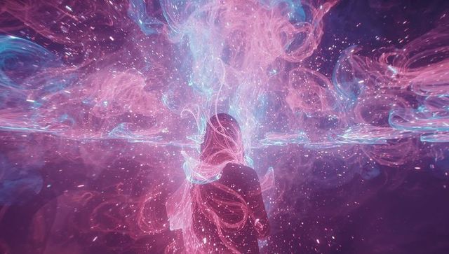 Mystical Female Silhouette Amidst Swirling Energy Clouds