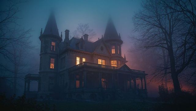 Eerie stone mansion in foggy twilight