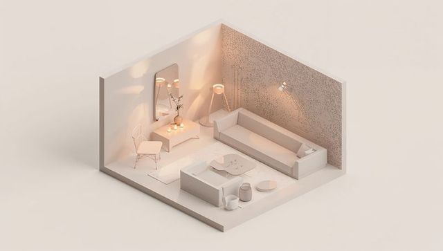 Minimalist isometric lounge vignette featuring beige long sofa, compact sofa and warm lighting