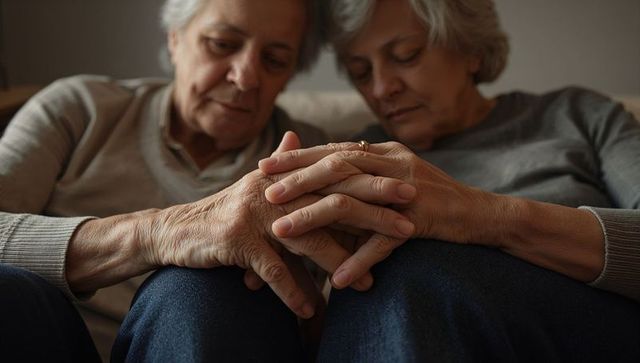 Senior couple holding hands on sofa showing wedding ring tender companionship intimacy
