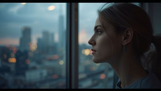 Reflective Woman Gazing Out Window at Dusk with City Views