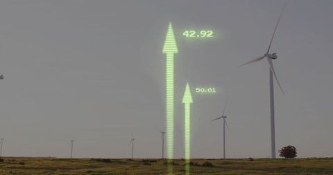 Rising Energy Data with Wind Turbines on Green Landscape