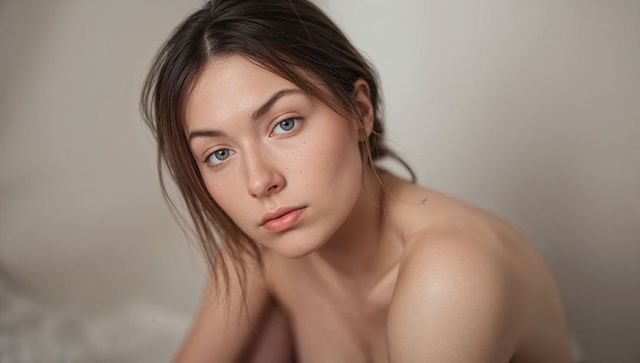 Gazing young woman with freckles, bare shoulders, gold hoop, neutral beige closeup portrait