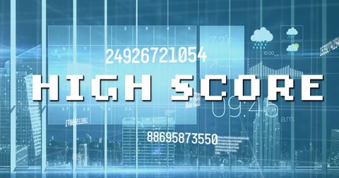 Digital High Score Concept with Data and Cityscape Background