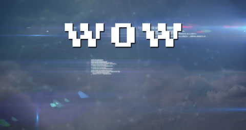 Animated Wow Text Over Data Background with Cloudy Sky