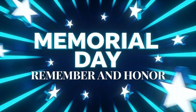 Memorial day remember and honor neon blue stars burst banner for patriotic tribute