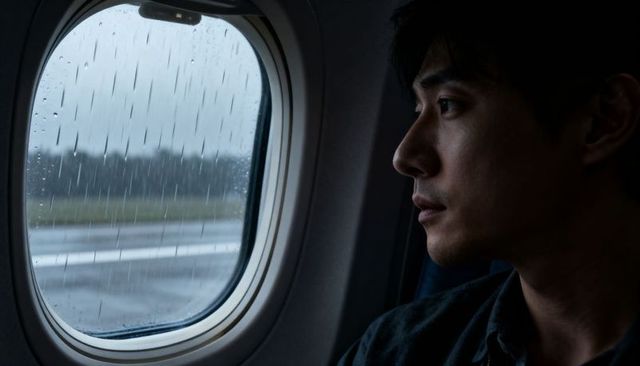 Contemplative asian man looking out rain-streaked airplane window on runway moody travel portrait