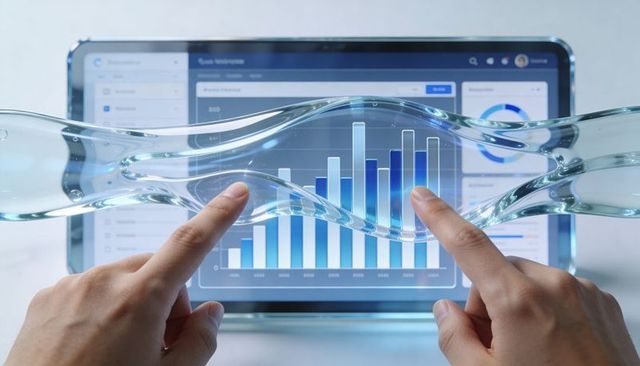 Touching Futuristic Data Dashboard with Glass Wave Overlay and Interactive Blue Bar Chart