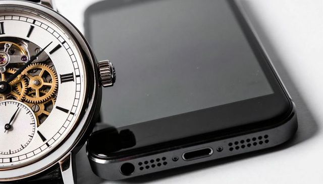 Skeleton wristwatch showing exposed brass gears beside black smartphone on white table