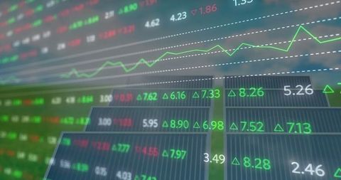 Digital stock market display with graphical trends and figures