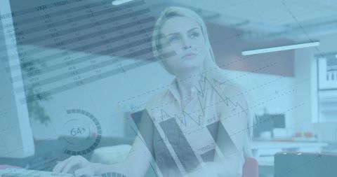 Businesswoman Analyzing Financial Data Infographic Overlay