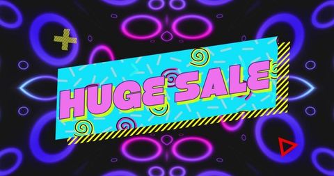 Retro neon huge sale banner with cyan panel pink 3d text geometric pattern hazard stripe