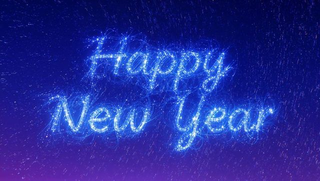 Glowing happy new year neon script sparkling with blue light trails