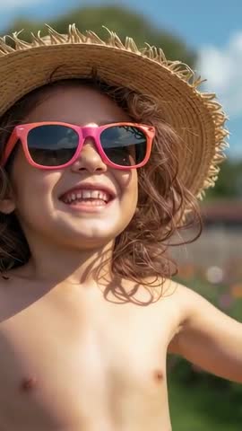 Smiling child wearing straw hat and pink sunglasses enjoying sunny backyard vertical video