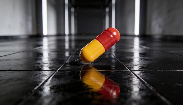 Red yellow capsule hovering over wet black tile corridor reflecting neon light