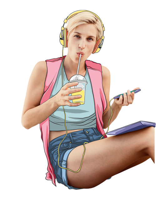 Transparent Illustration Woman Listening Music While Drinking Juice - Download Free Stock Videos Pikwizard.com