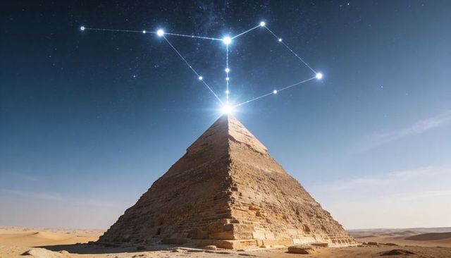 Ancient pyramid projecting celestial beam into starry sky with constellation alignment