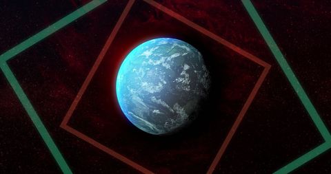 Blue Planet with Geometric Asymmetrical Overlay in Space