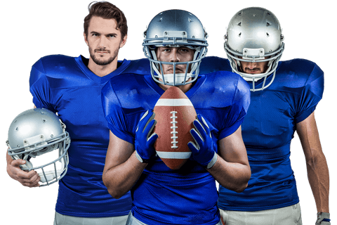 American football team in blue uniforms posing confidently on transparent background
