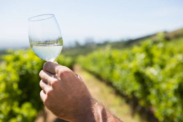 Vintner holding glass of wine in vineyard