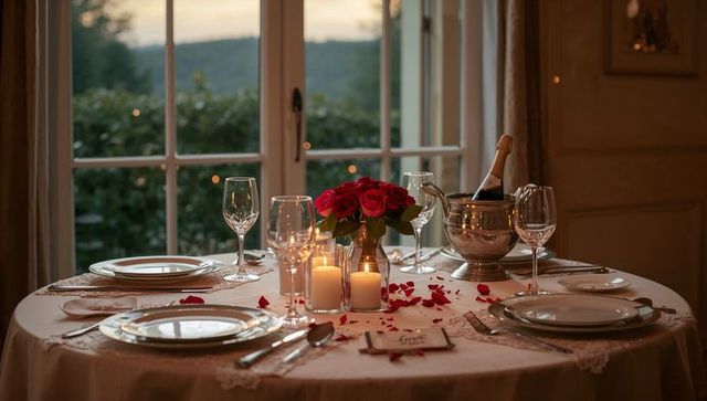 Romantic candlelit dinner for two with red roses and champagne by window view