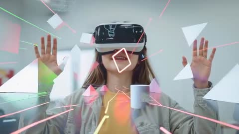 Woman Experiencing Futuristic Virtual Reality with Vibrant Neon Graphics