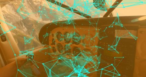Pilot resting forearm on control yoke in cockpit with cyan ar network overlay
