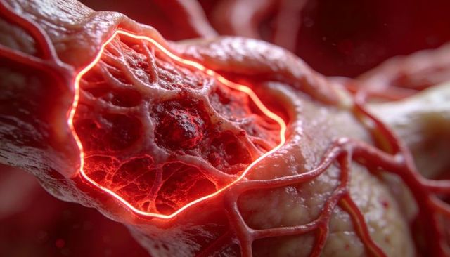 Neon-outlined tumor mass with branching vasculature, microscopic close-up of angiogenesis