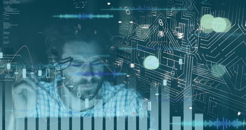 Caucasian Businessman Analyzing Digital Data with Security Graphics