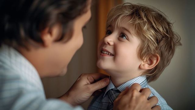 Father Positioning Son’s Necktie in Home Setting