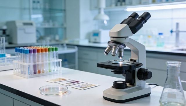Laboratory Microscope on Clean Bench with Colorful Test Tubes and Petri Dish for Research